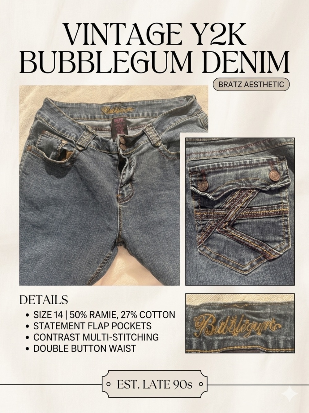 Vintage Y2K Bubblegum Jeans Flap Pocket Contrast Stitch Mid Low Rise Size 14